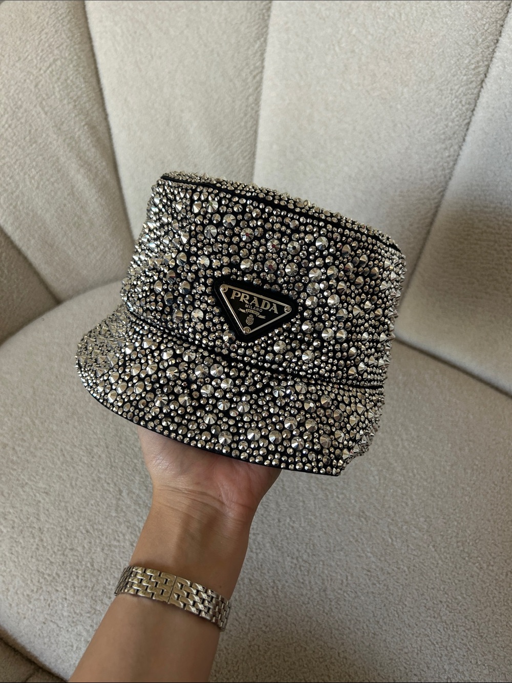 Prada Black and Silver Crystal Bucket Hat